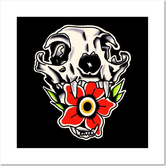 skull cat flower traditional tattoo Wall Art by rafaelwolf